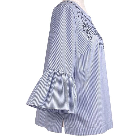 Talbots Embroidered Striped Boho Top Blue White Bell Sleeve Women’s Large EUC - Picture 9 of 16